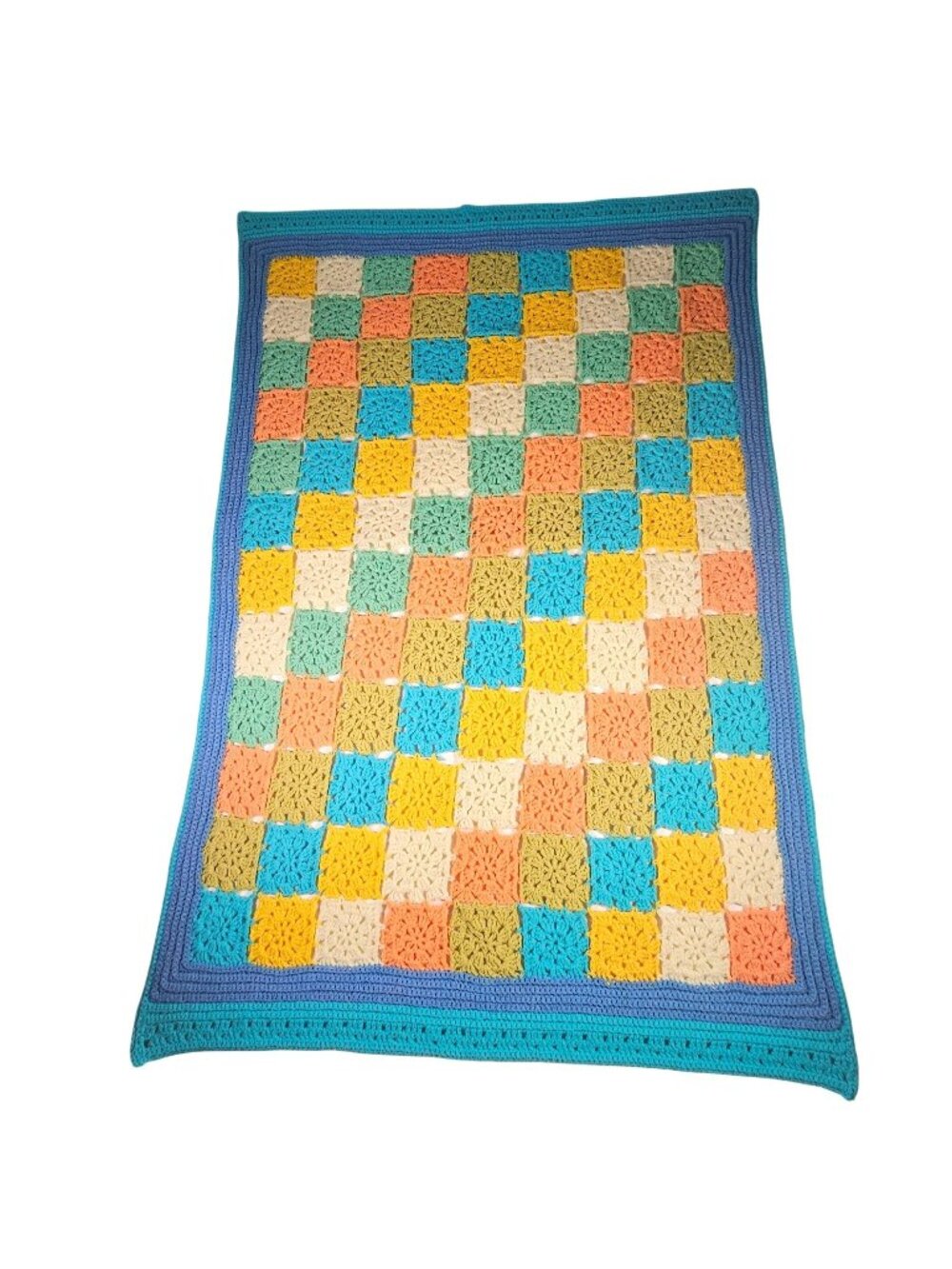 Granny Square Handmade Crochet Blanket Afghan Throw 36" x 54" Multicolor Blue
